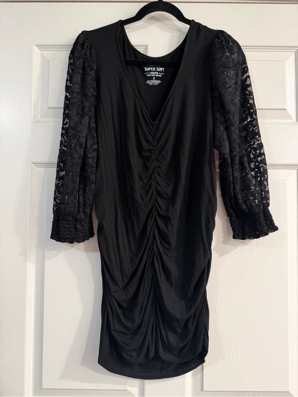 Torrid Black Ruched V-Neck Top with Lace Sleeves - Picture 2 of 5